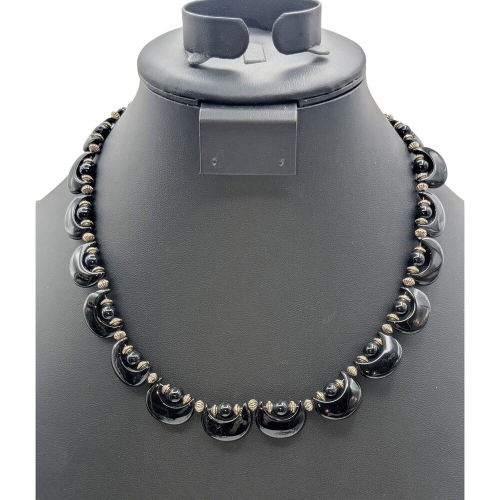 Vintage Black Onyx or Tourmaline Moon Shape Bead Silver Tone 17"-19" Necklace